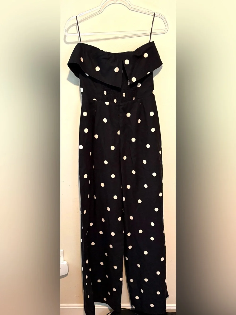Sezane Editions Stella polka dot strapless trouser jumpsuit